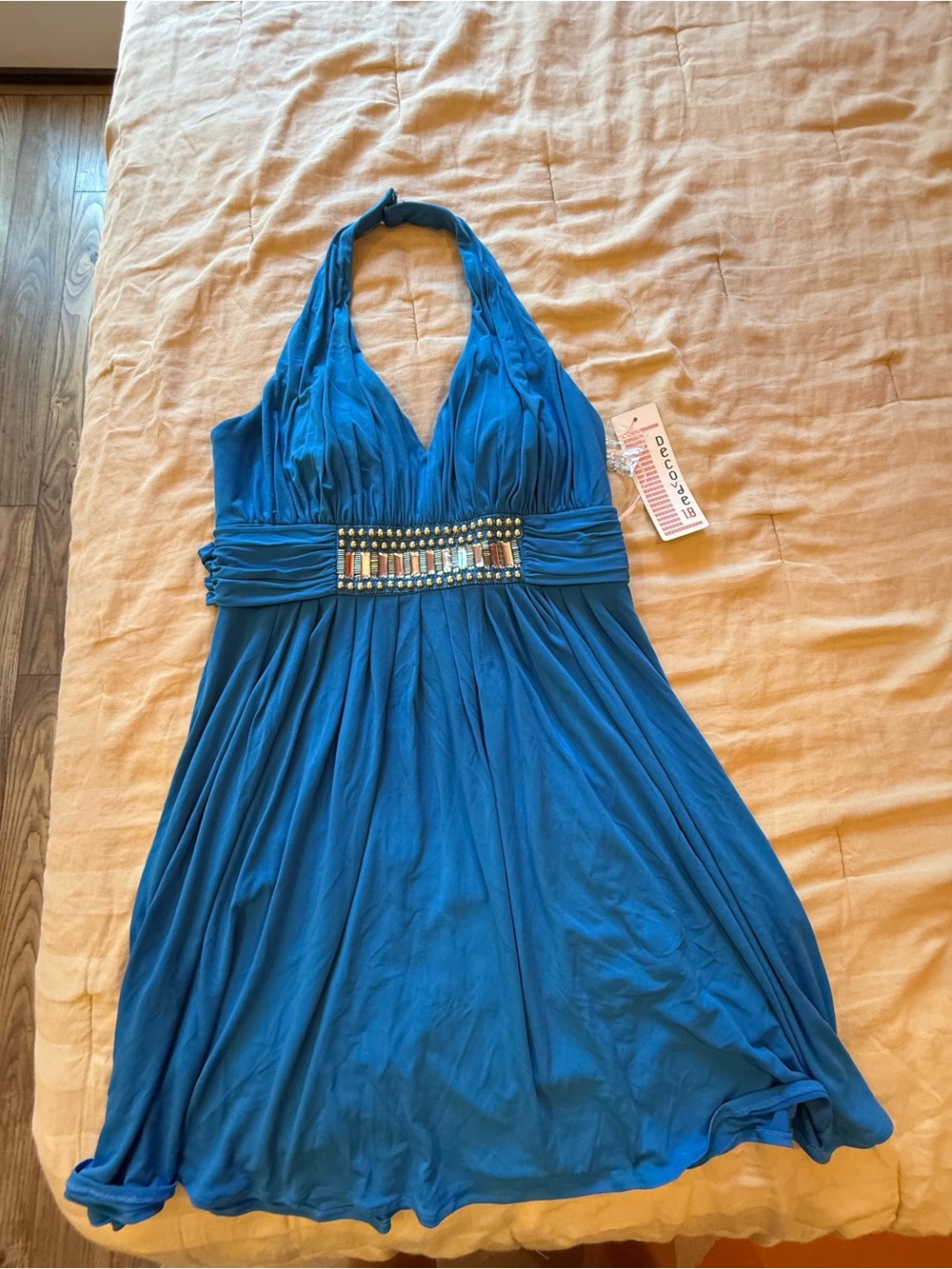 Decode 1.8 Blue Beaded Halter Dress 10 NWT